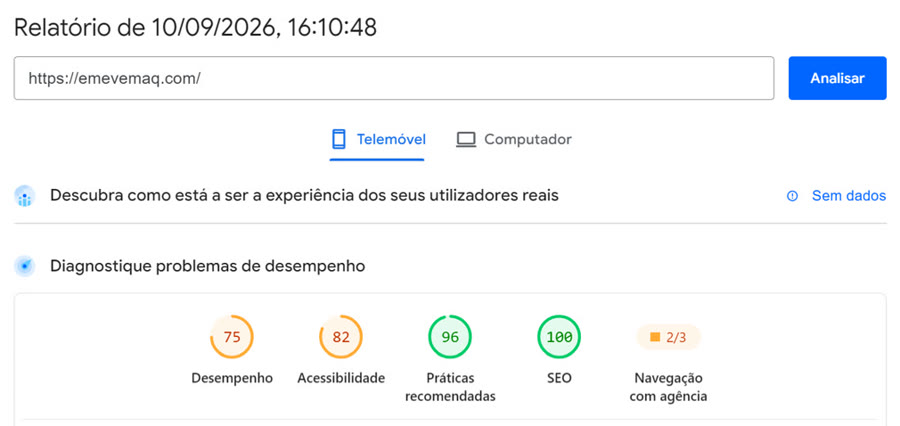 Tela do PageSpeed Insights do Google, relatório de 10/09/2026 para emevemaq.com no telemóvel: desempenho 75, acessibilidade 82, práticas recomendadas 96, SEO 100.
