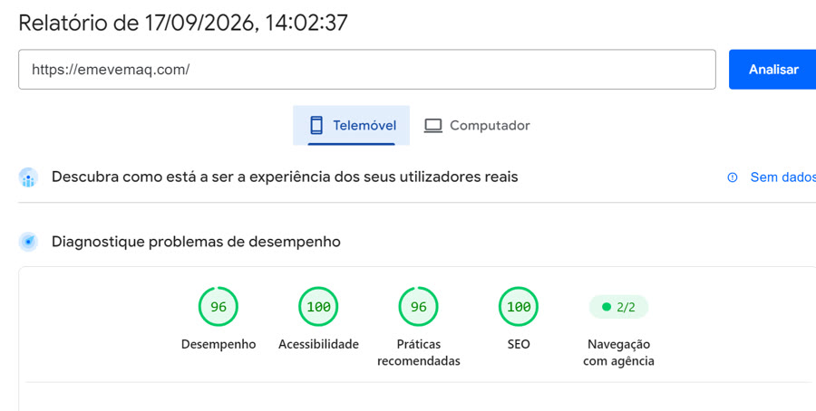 Tela do PageSpeed Insights do Google, relatório de 17/09/2026 para emevemaq.com no telemóvel: desempenho 96, acessibilidade 100, práticas recomendadas 96, SEO 100.